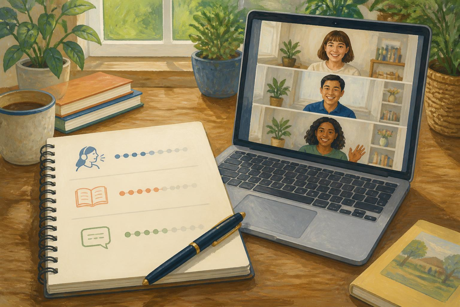 Notitieboek met leerdoelen en drie tutorprofielen op een scherm