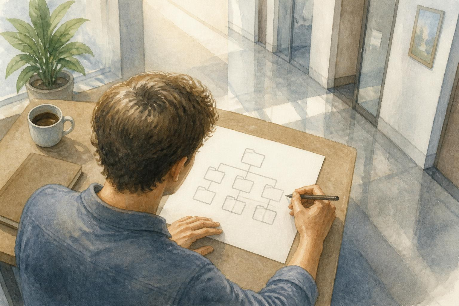 Zakelijke gebruiker die een mapstructuur op papier tekent voor transcriptbeheer