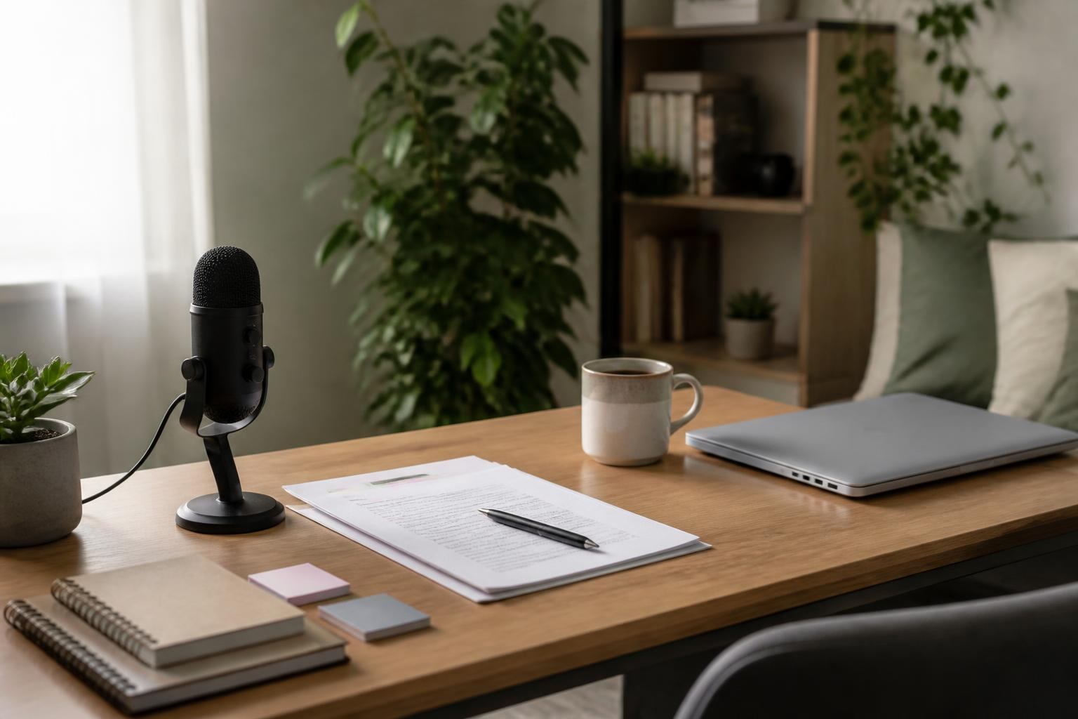 Desk with microphone and lesson plan notebook