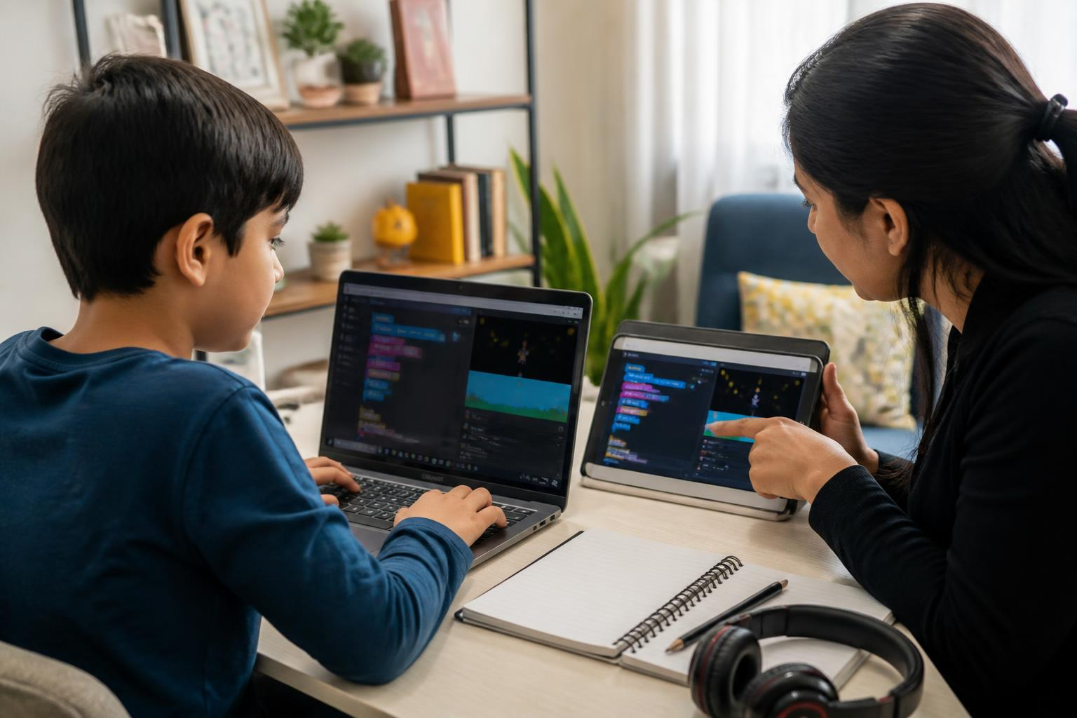 Child coding with tutor on tablet and laptop