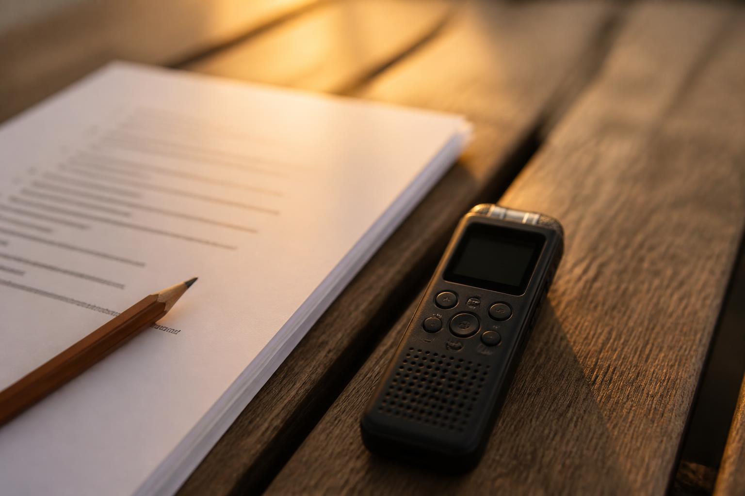 Close-up notitie en recorder naast vergaderagenda