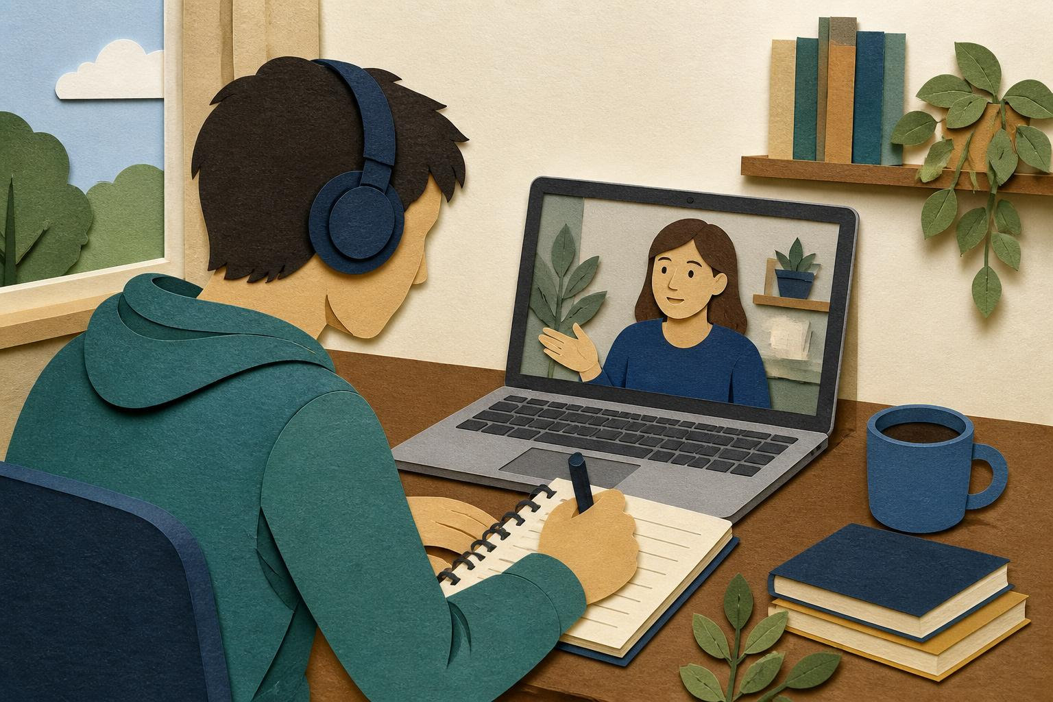 Student in een korte proefles met headset en notities