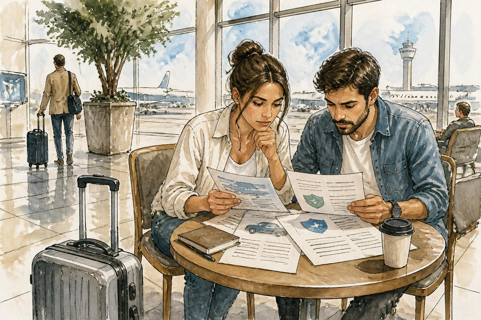 زوجان يفحصان عقد التأمين على الطاولة مع حقيبة سفر بجانبهما