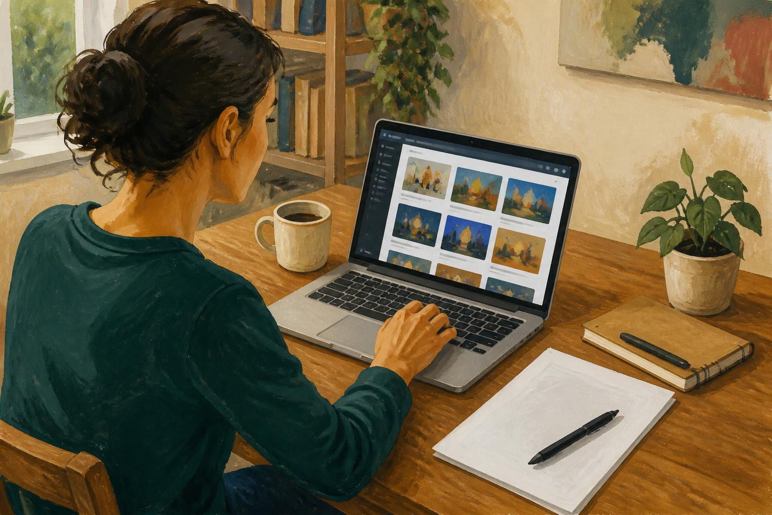 Pessoa escolhendo um curso no laptop com uma nota de orçamento ao lado
