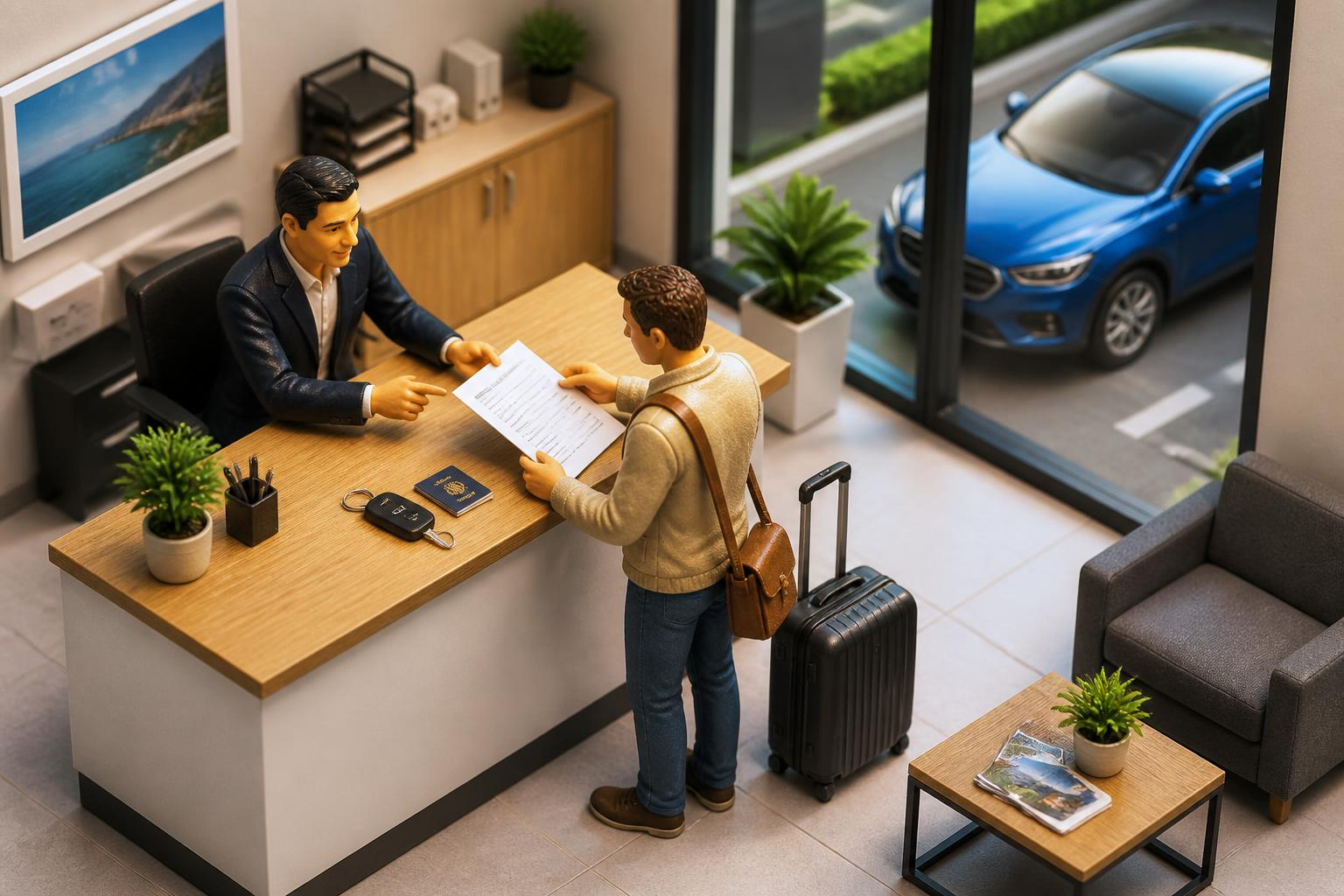 Traveler checking rental contract at a small airport desk with passport and keys