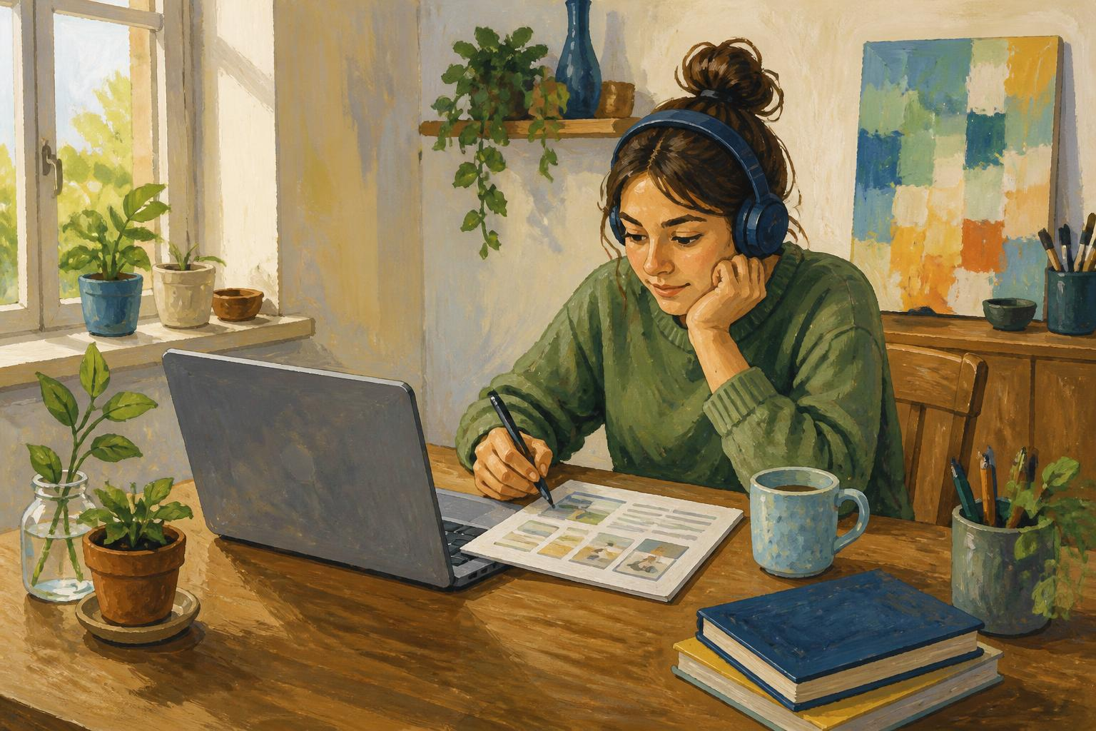 Persona estudiando con auriculares y portátil