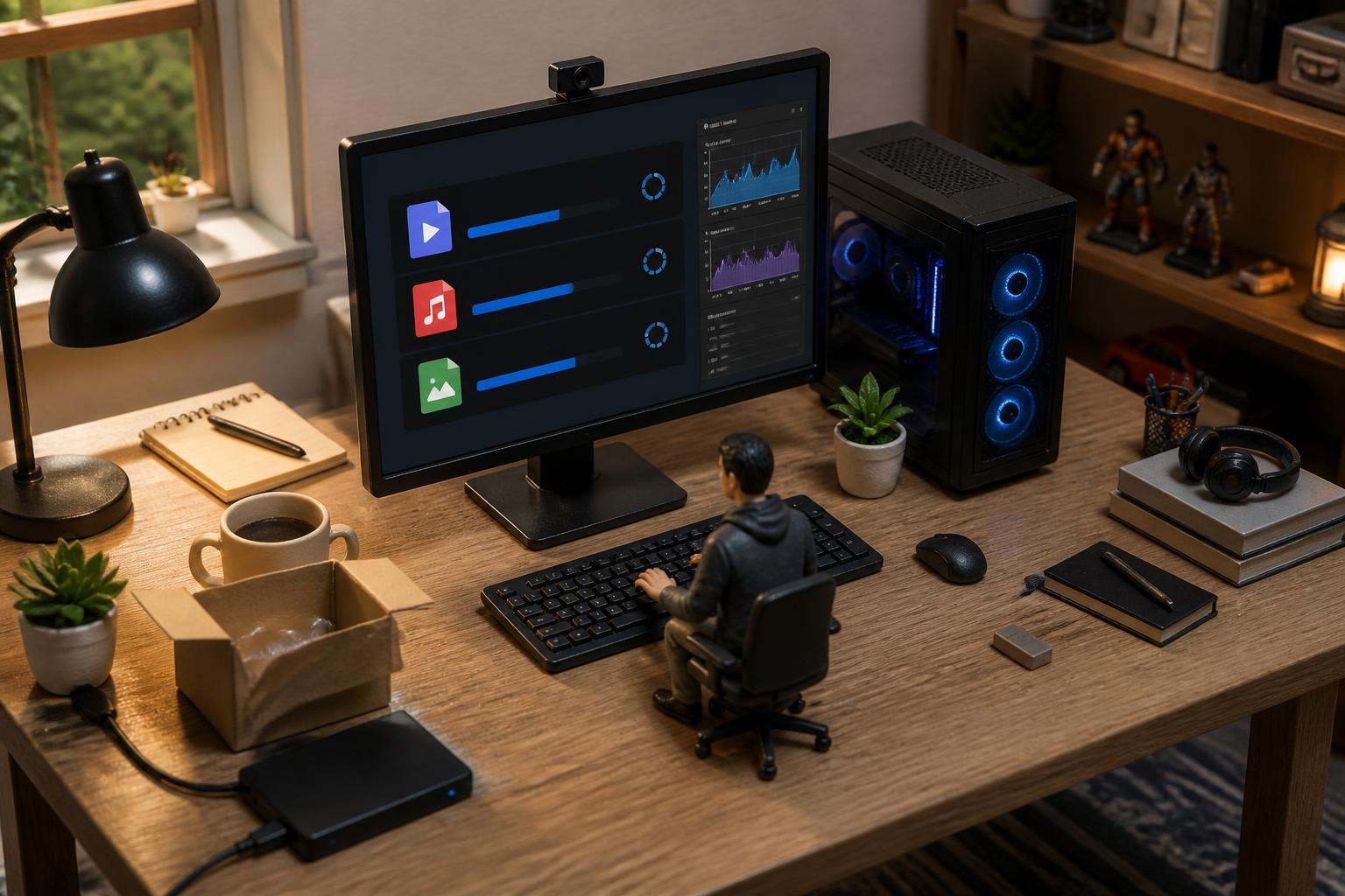 Mengecek konversi batch tiga file di desktop PC dengan jendela task manager terbuka