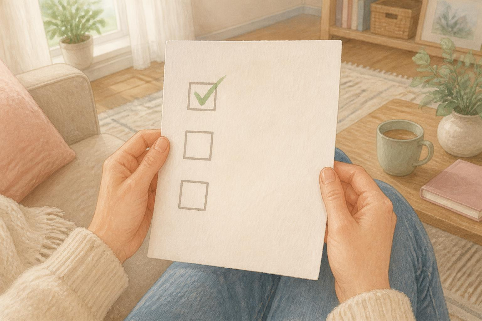 Person mit Abo-Checkliste auf dem Sofa