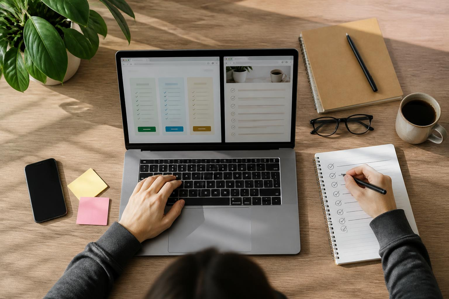 Schermata di un laptop con due schede aperte: pagina pricing di Elementor e lista di requisiti progetto
