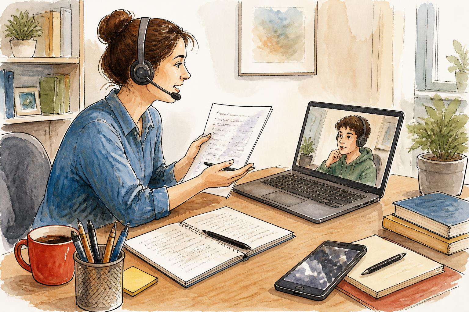 Tutor video call with notebook and headset