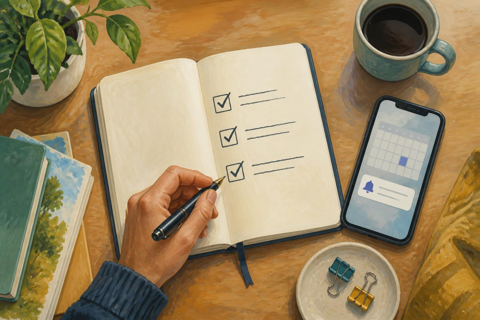 Notebook with checklist: sign up, test 5 classes, set cancel reminder, evaluate hours used