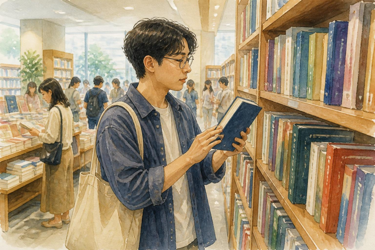 Ilustrasi pelanggan memeriksa kondisi buku di rak Matraman