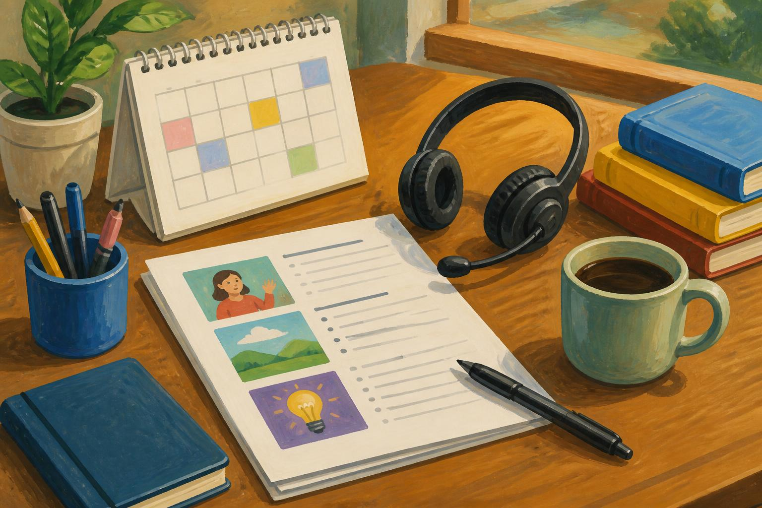 Mesa de trabalho com materiais, headset e calendário de horários preenchido
