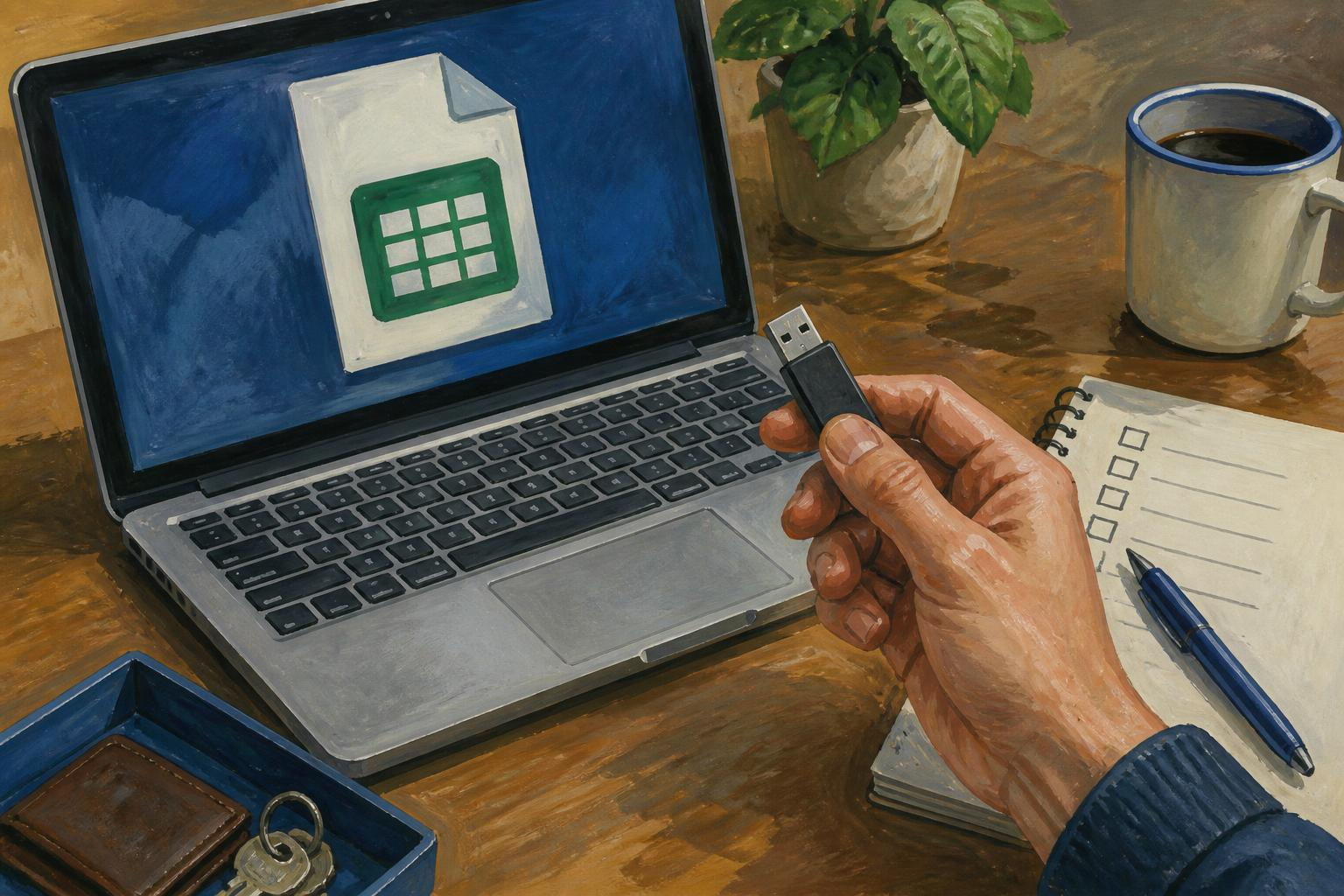 Ręka z pendrive obok laptopa i pliku CSV na ekranie podczas eksportu haseł