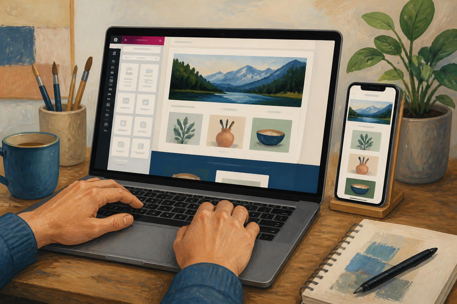 Designer using Elementor on a laptop with mobile preview open