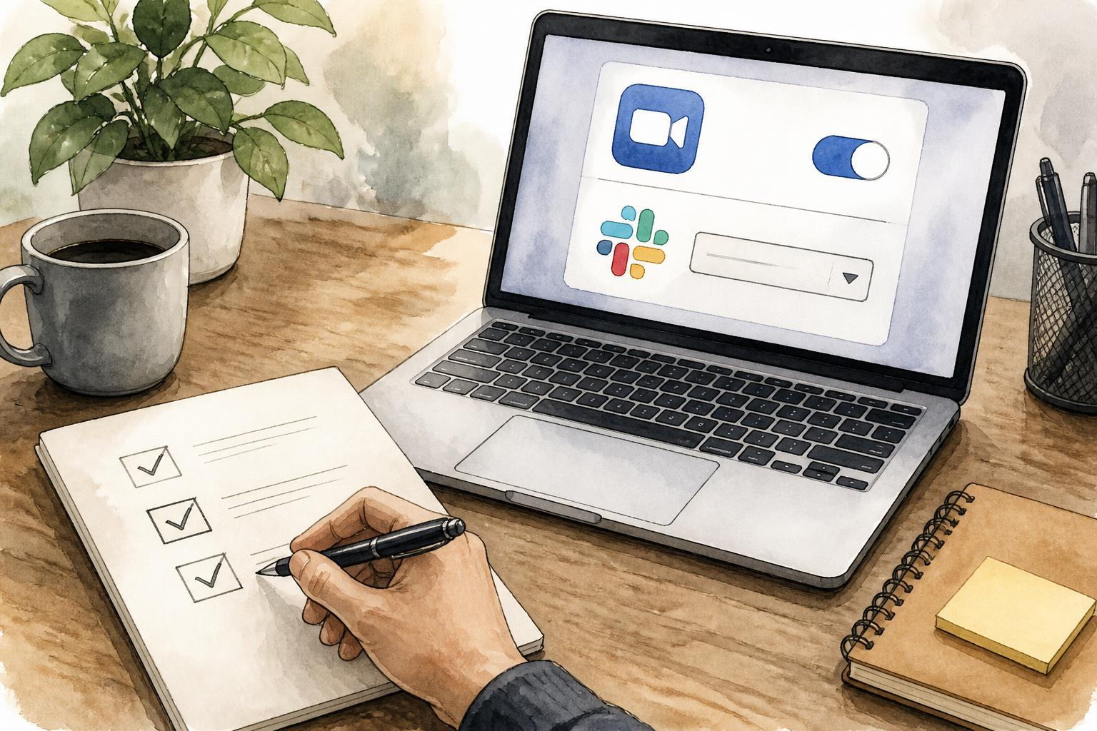 Notebook com checklist de configuração de integração Zoom e Slack