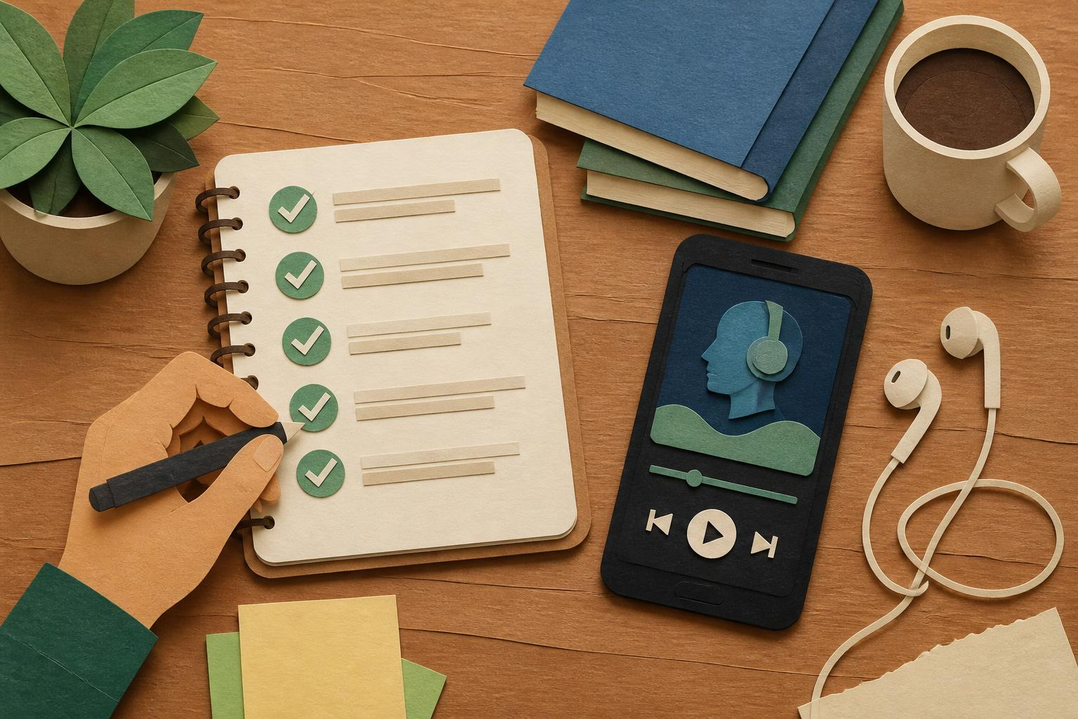 Notizbuch mit Checkliste neben Smartphone und Kopfhörern