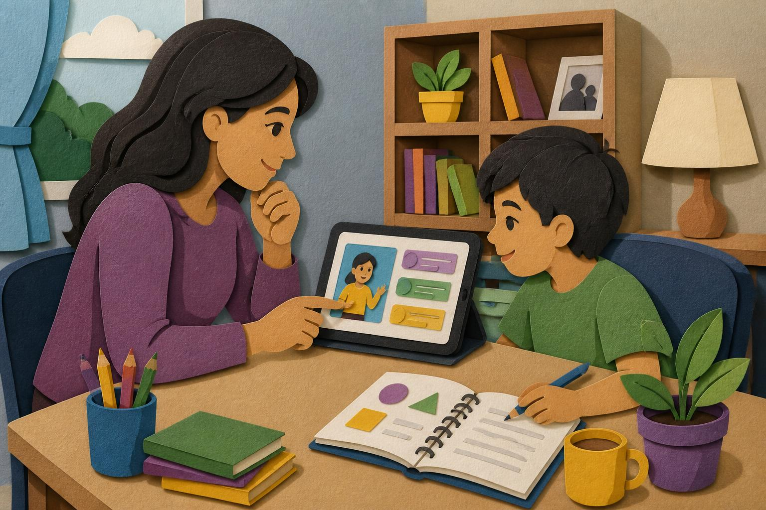 Parent reviewing lesson plan on tablet with child