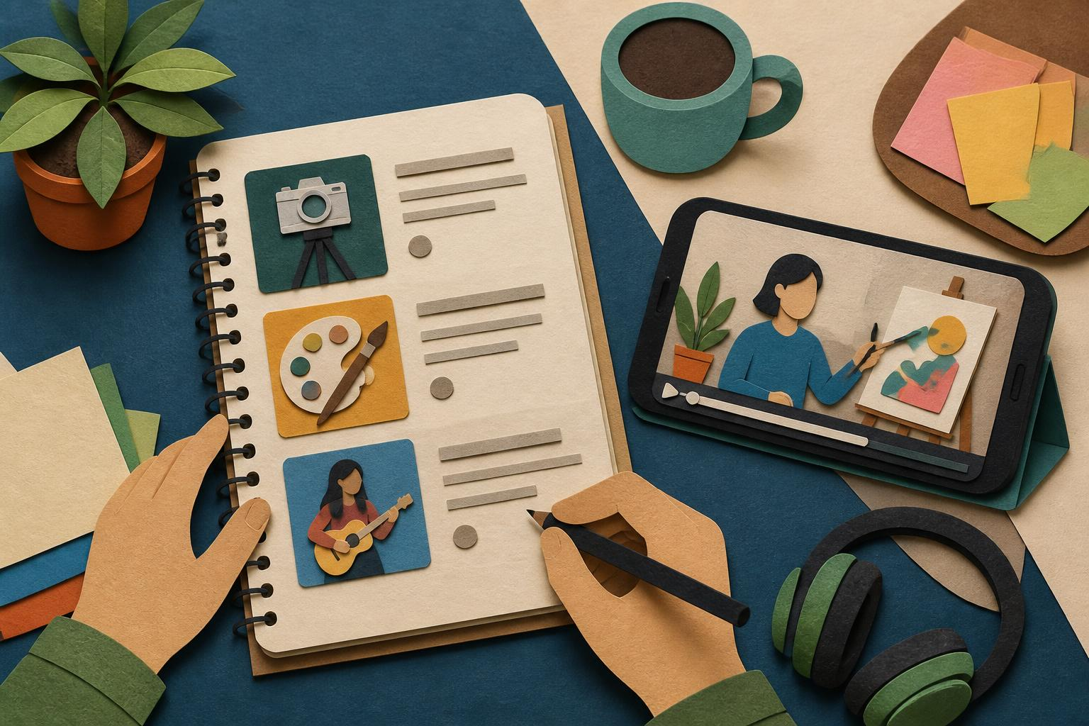Cuaderno con lista de cursos y horas junto a un móvil mostrando una clase en vídeo
