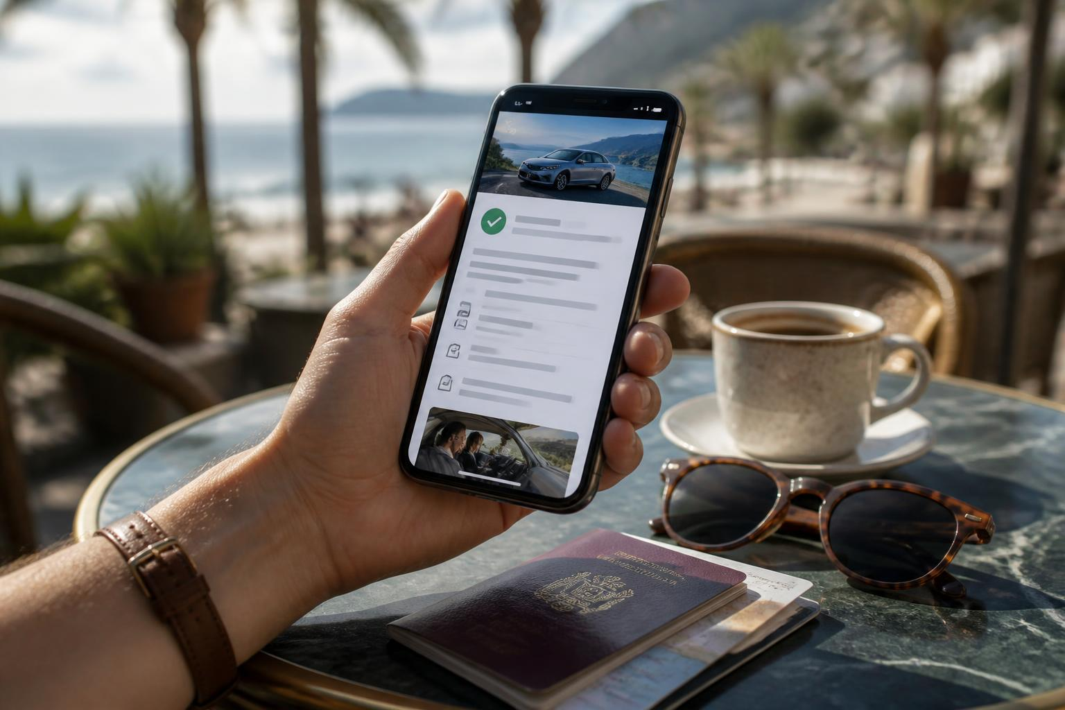 Closeup of a phone showing a DiscoverCars booking confirmation email on a café table with passport and sunglasses