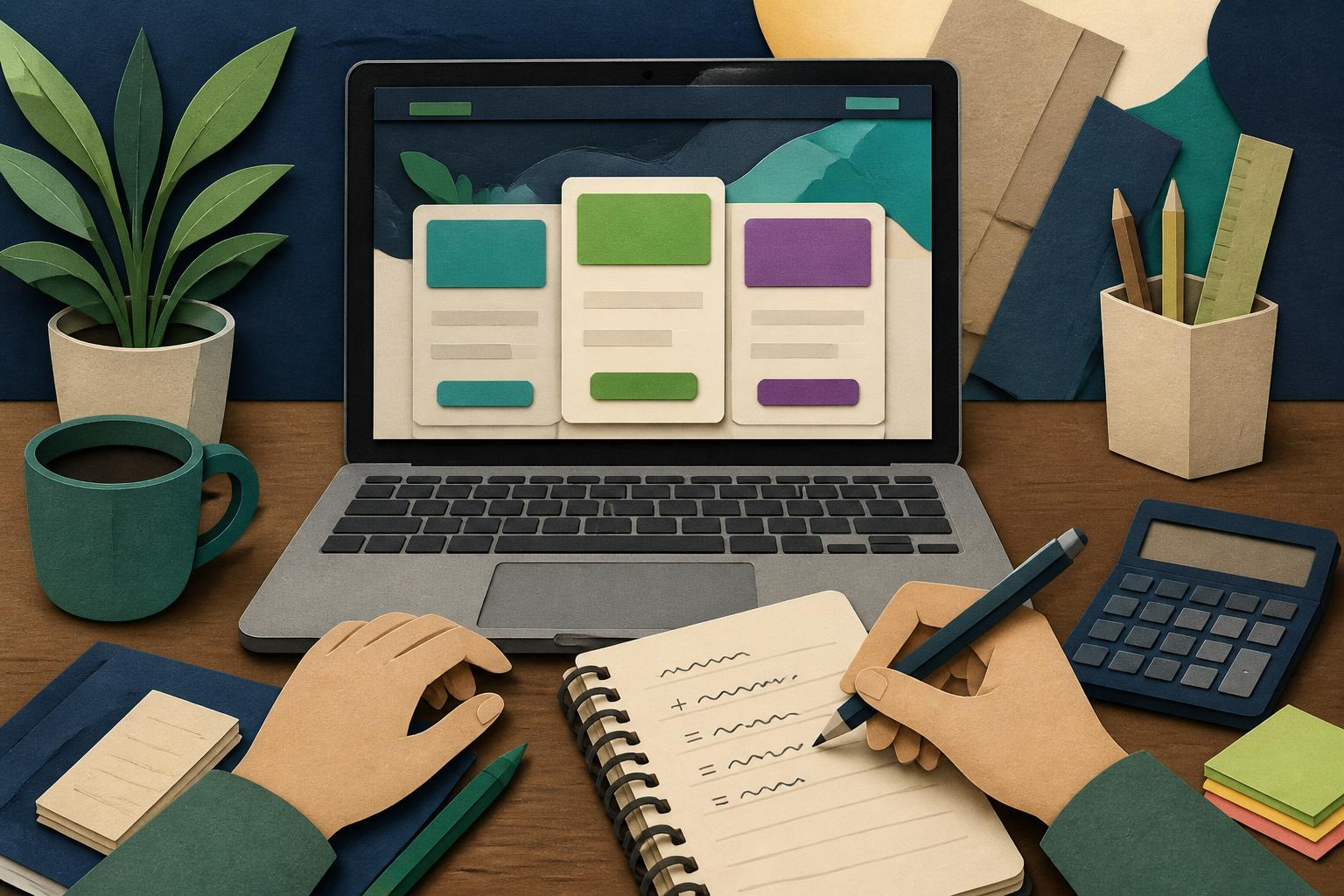 Person sitting at table with laptop showing Skillshare pricing and a notebook with budget notes