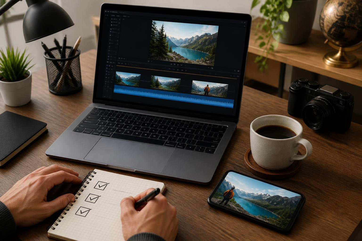 Editing a 1-minute travel vlog on a laptop with a coffee cup