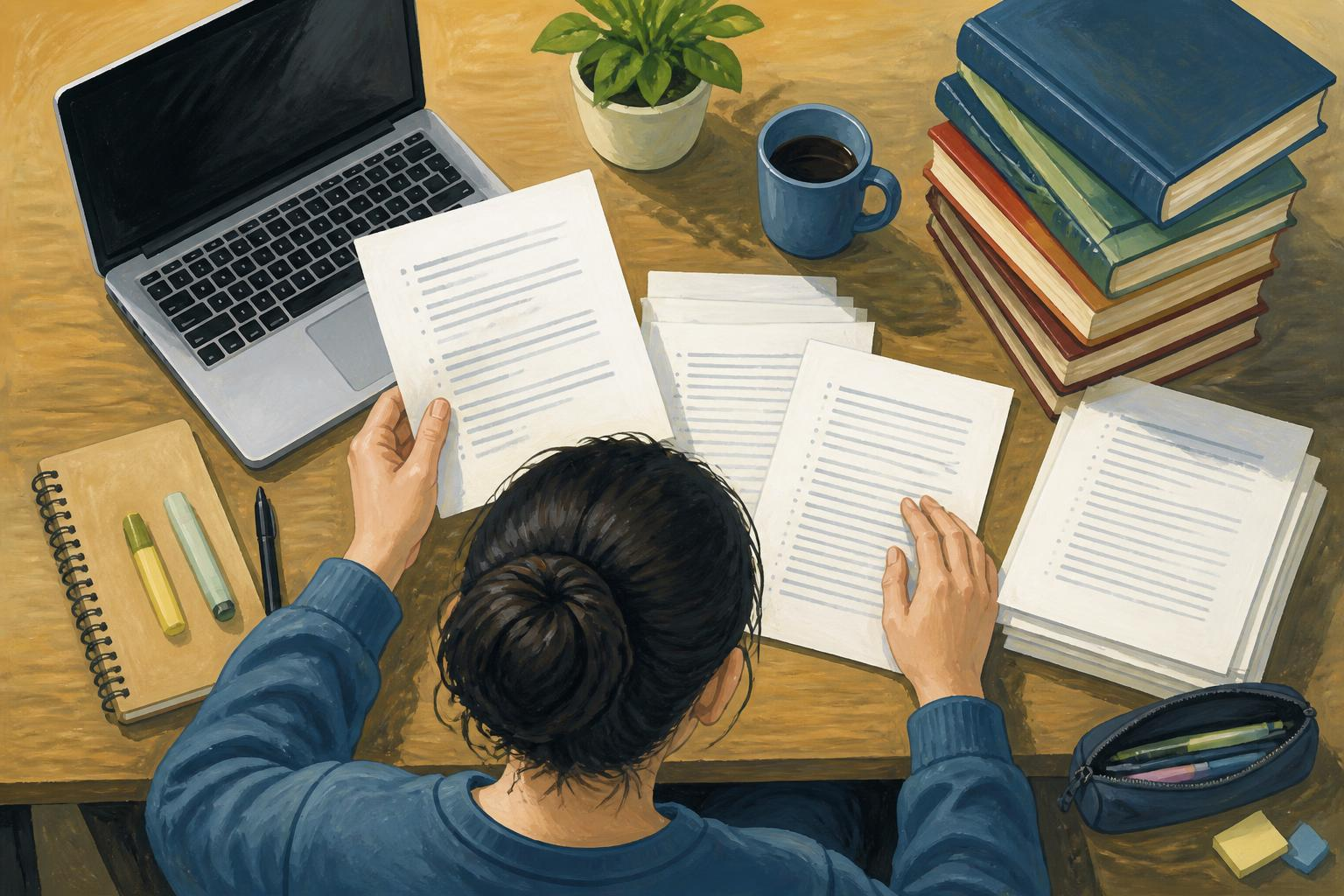 Student organizing printed bibliography list with laptop and a stack of books