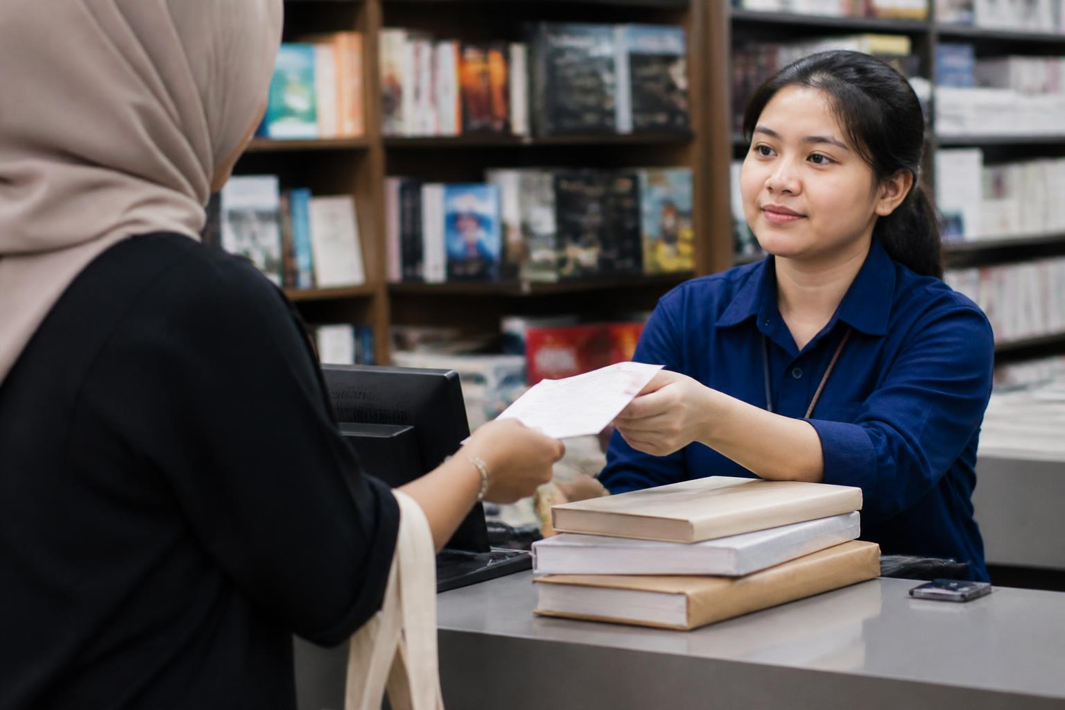 Pelanggan mengambil paket di meja layanan toko Matraman