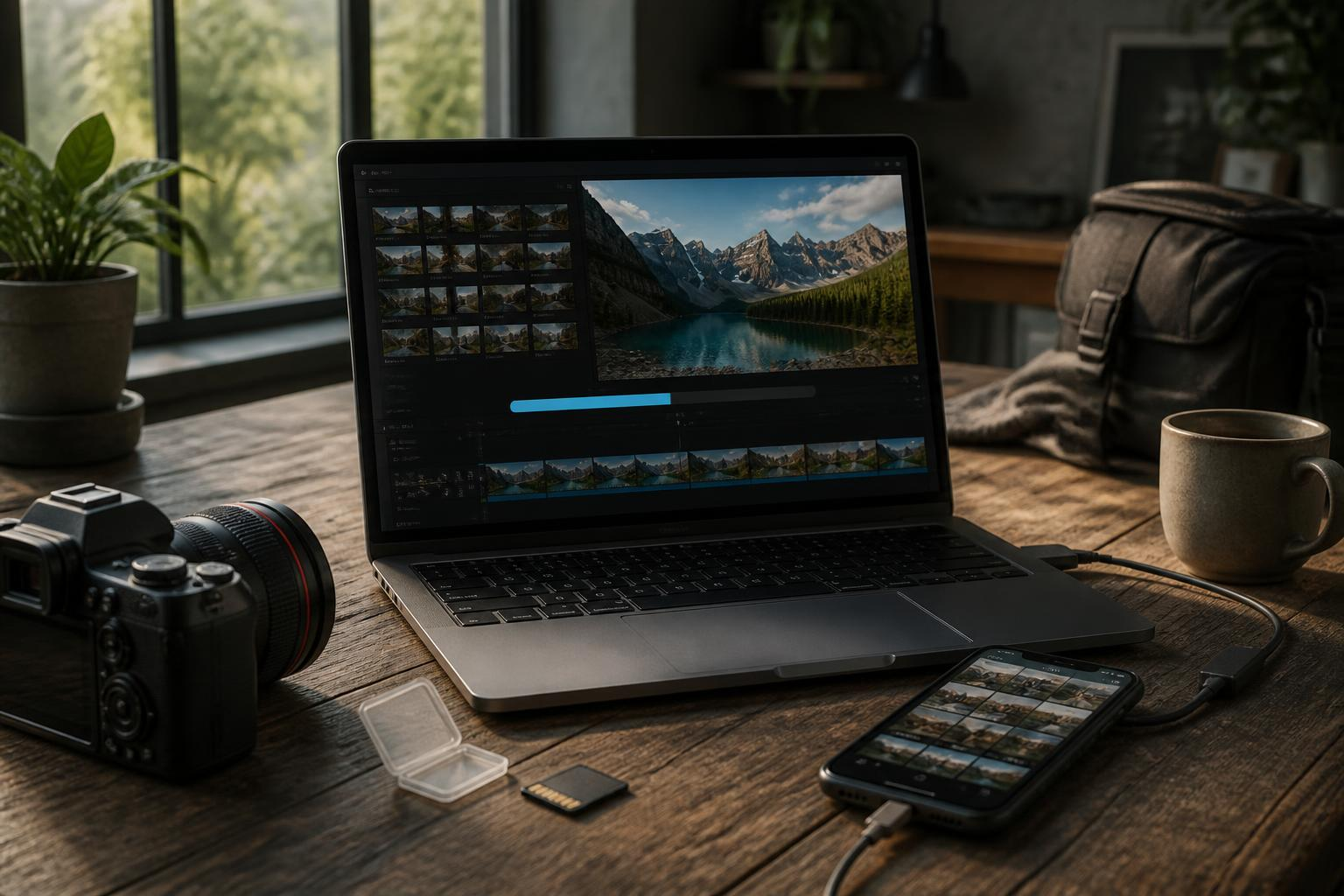 A smartphone and an SD card next to a laptop while transferring footage into an editor
